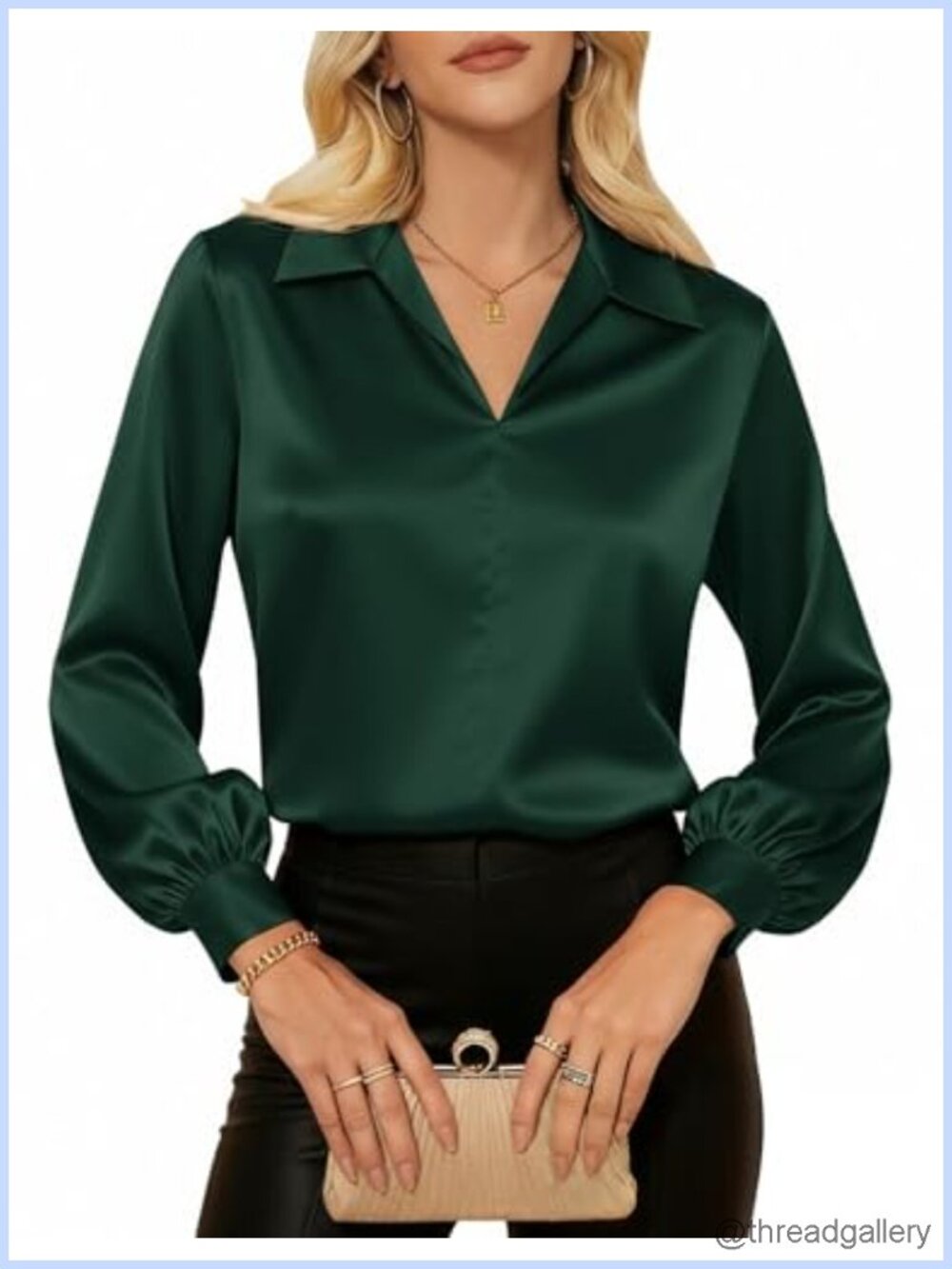 Satin Silk Blouse Long Sleeve V-Neck Collared Button-Down Office Top